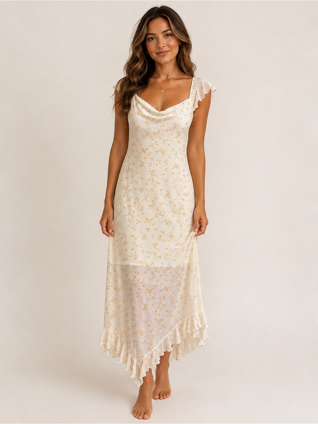 Kirious Los Angeles Floral Mesh Cowl Neck Maxi Dress Ruffle Strap Women’s Size M